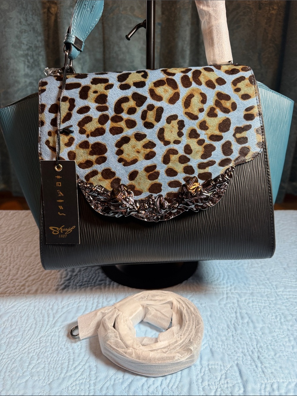 Sharif Blue and Leopard-Calf Hair Print Top-Handle Satchel - Picture 7 of 15